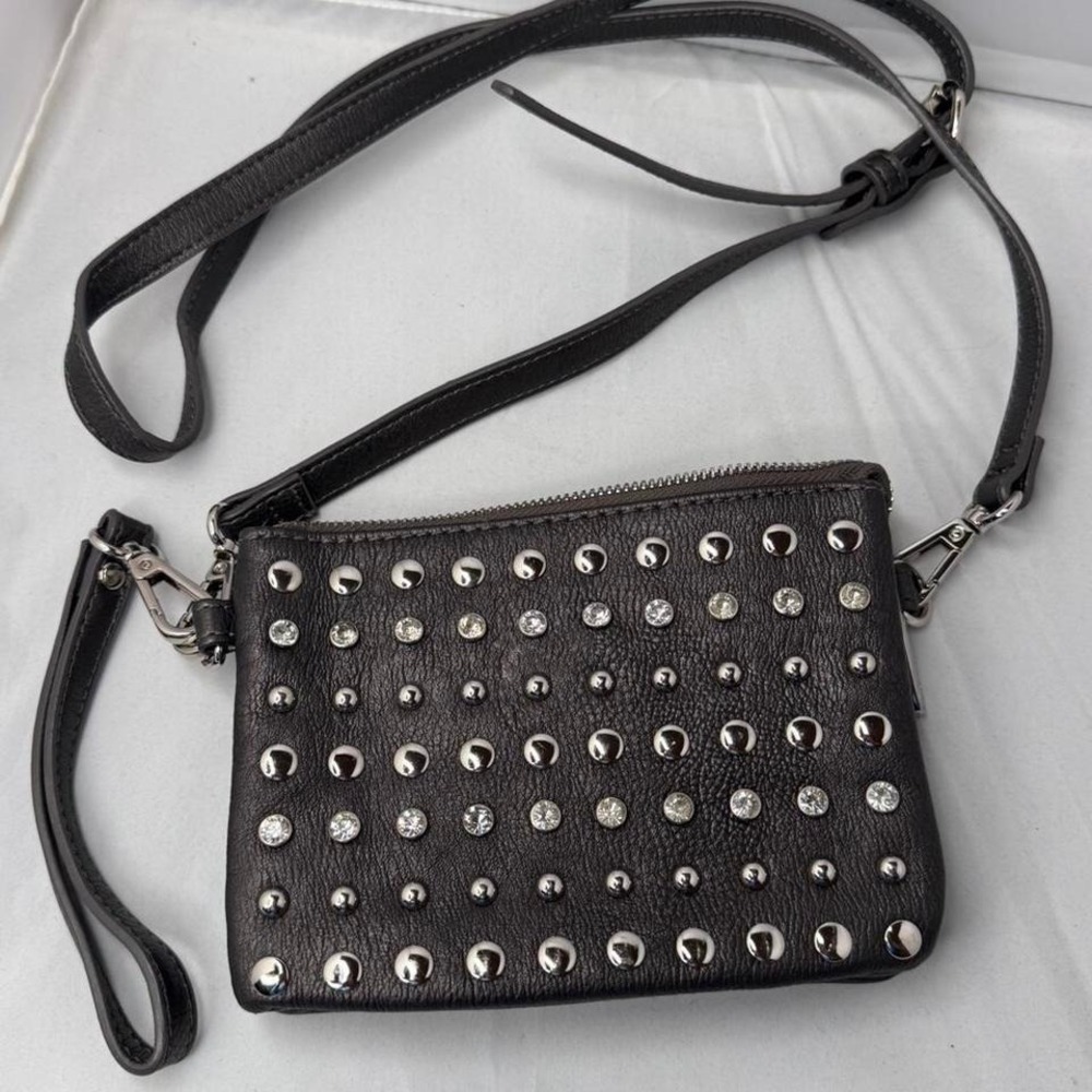 Silver/Grey leather studded clutch bag with silver zipper and silver studs